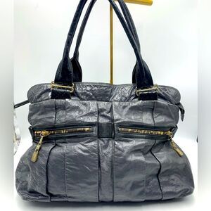 See by Chloe Large Gray Patent Black Leather Trim Two Zip Shoulder Bag Auth